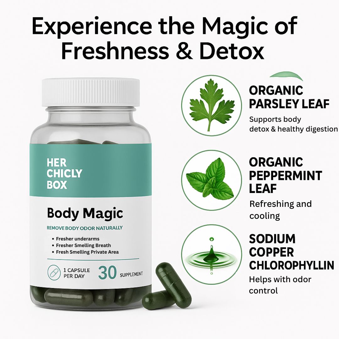 her chicly box body magic detox Supplement bottle labeled 'Body Magic' with ingredients and benefits on a white background